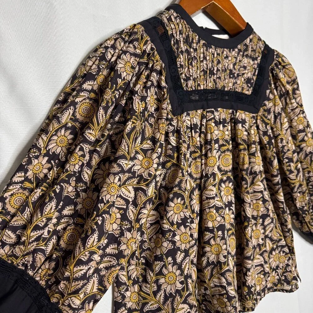 Anthropologie Cleobella Rafia Lace Harley Black Ballon Sleeve Peasant Blouse XS
